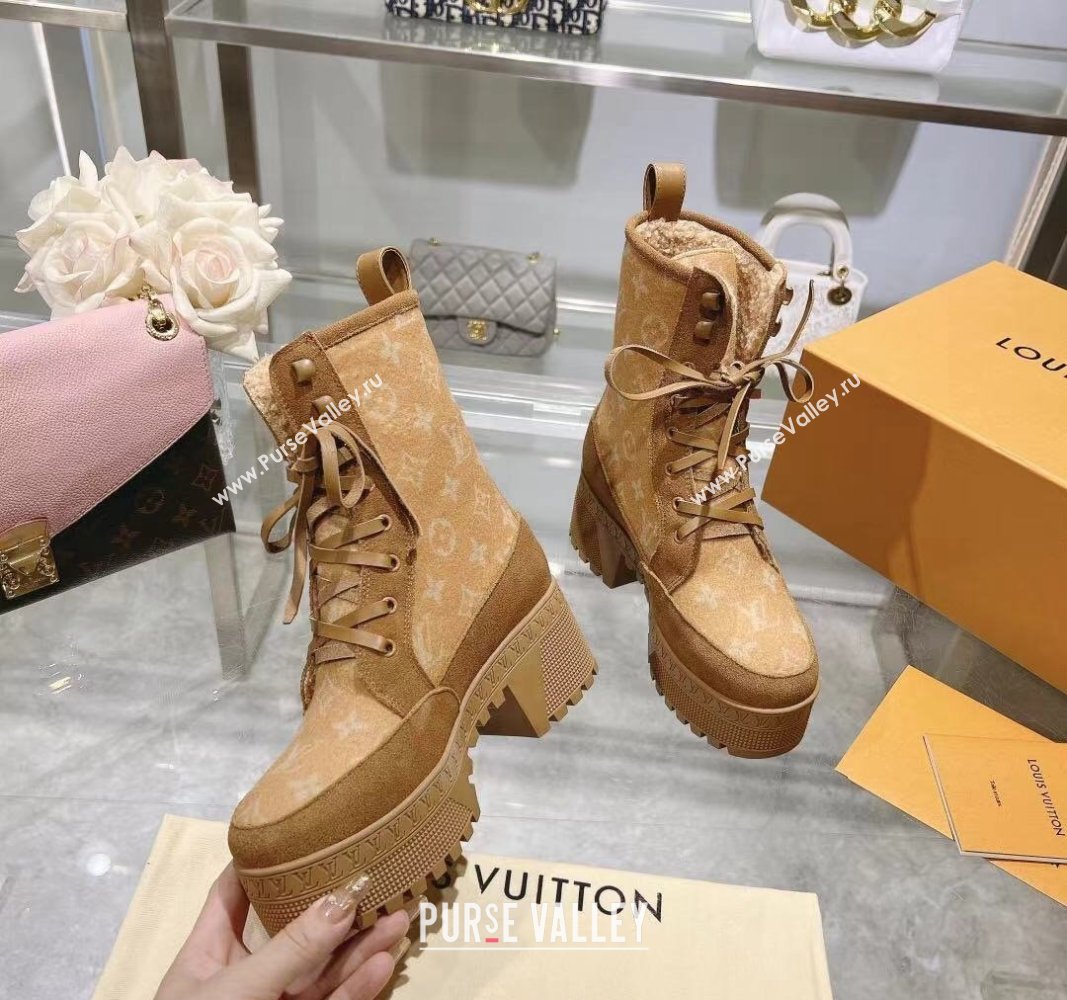 Louis Vuitton Laureate Platform Desert Ankle Boots in Monogram Wool Apricot 2023 1AC7M0 (MD-231218030)