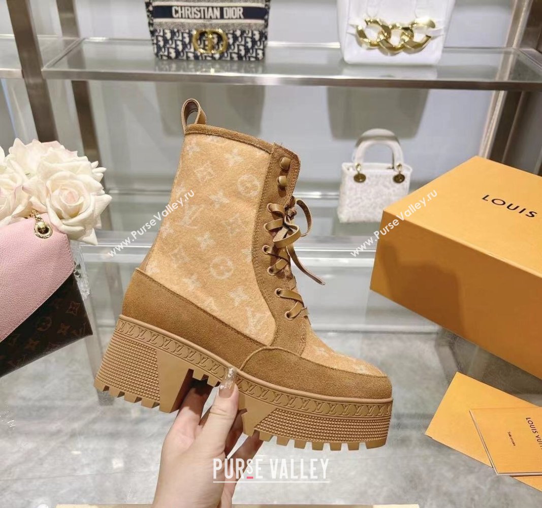 Louis Vuitton Laureate Platform Desert Ankle Boots in Monogram Wool Apricot 2023 1AC7M0 (MD-231218030)