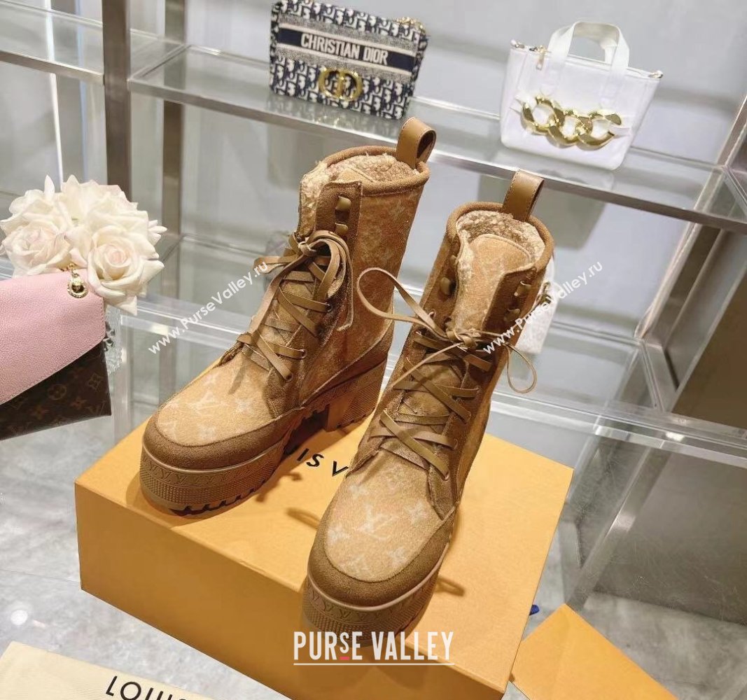Louis Vuitton Laureate Platform Desert Ankle Boots in Monogram Wool Apricot 2023 1AC7M0 (MD-231218030)