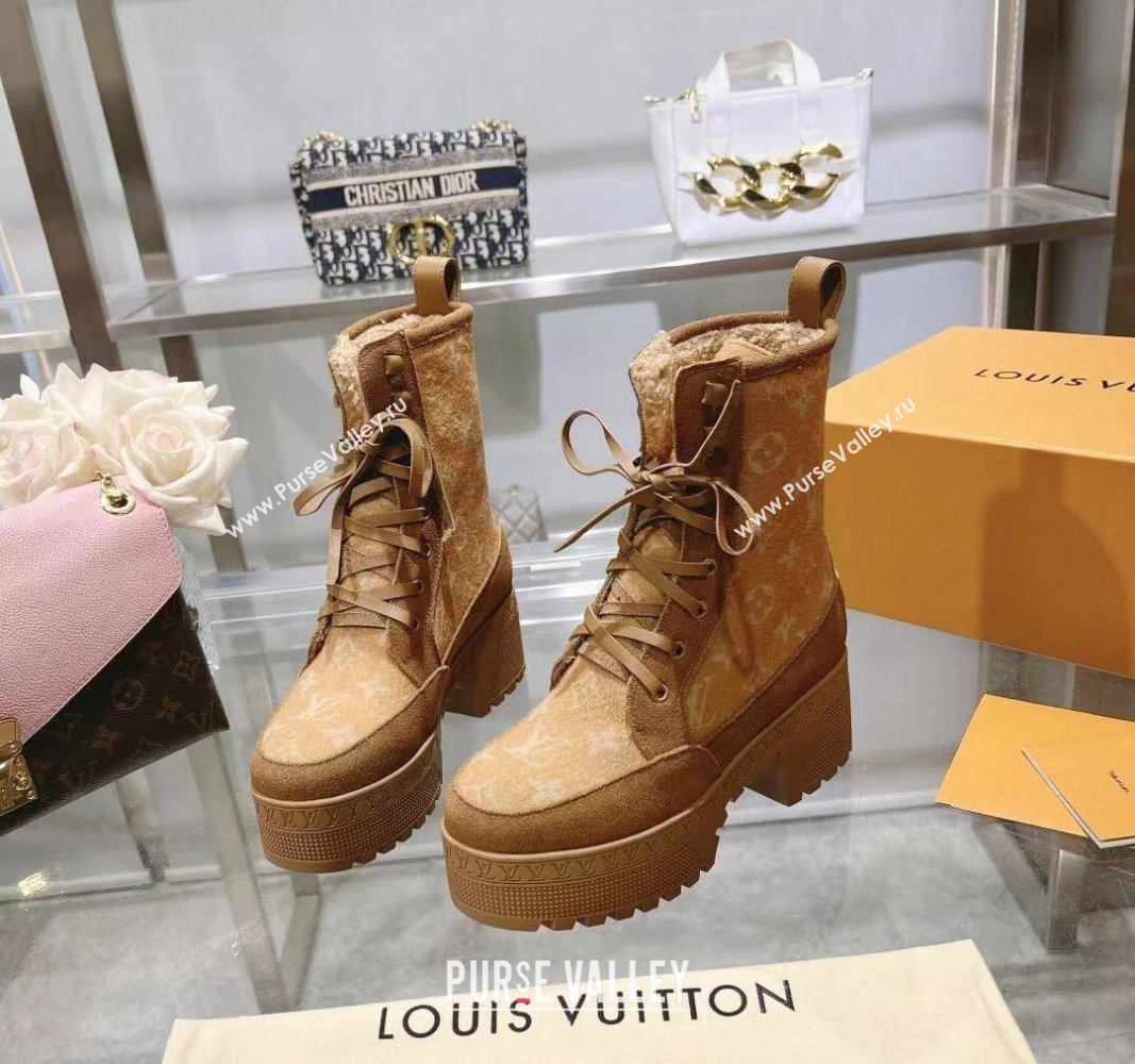 Louis Vuitton Laureate Platform Desert Ankle Boots in Monogram Wool Apricot 2023 1AC7M0 (MD-231218030)