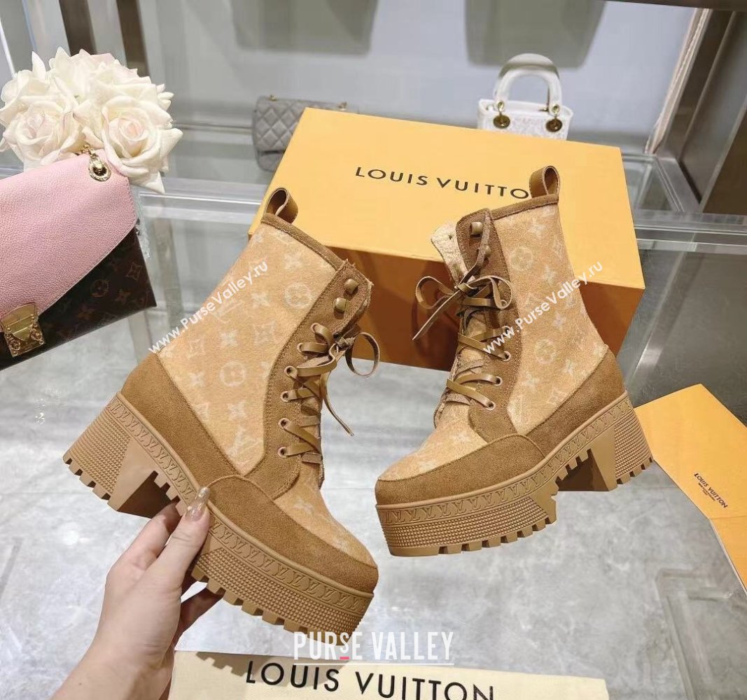 Louis Vuitton Laureate Platform Desert Ankle Boots in Monogram Wool Apricot 2023 1AC7M0 (MD-231218030)