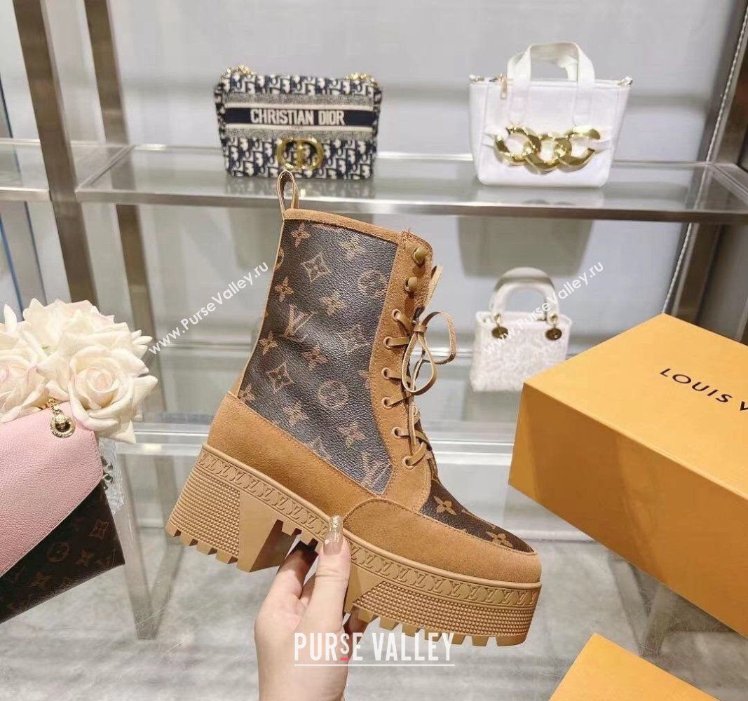 Louis Vuitton Laureate Platform Desert Ankle Boots in Brown Suede and Monogram Canvas 2023 1AC7M0 (MD-231218032)