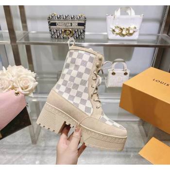 Louis Vuitton Laureate Platform Desert Ankle Boots in Beige Suede and Damier Azur Canvas 2023 1AC7M0 (MD-231218033)