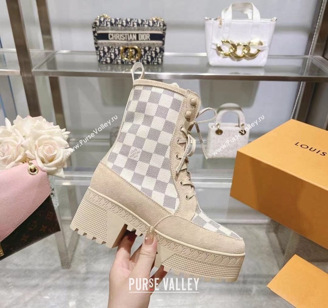 Louis Vuitton Laureate Platform Desert Ankle Boots in Beige Suede and Damier Azur Canvas 2023 1AC7M0 (MD-231218033)