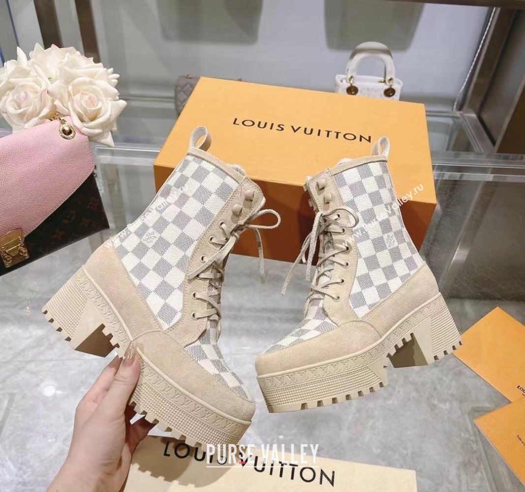 Louis Vuitton Laureate Platform Desert Ankle Boots in Beige Suede and Damier Azur Canvas 2023 1AC7M0 (MD-231218033)