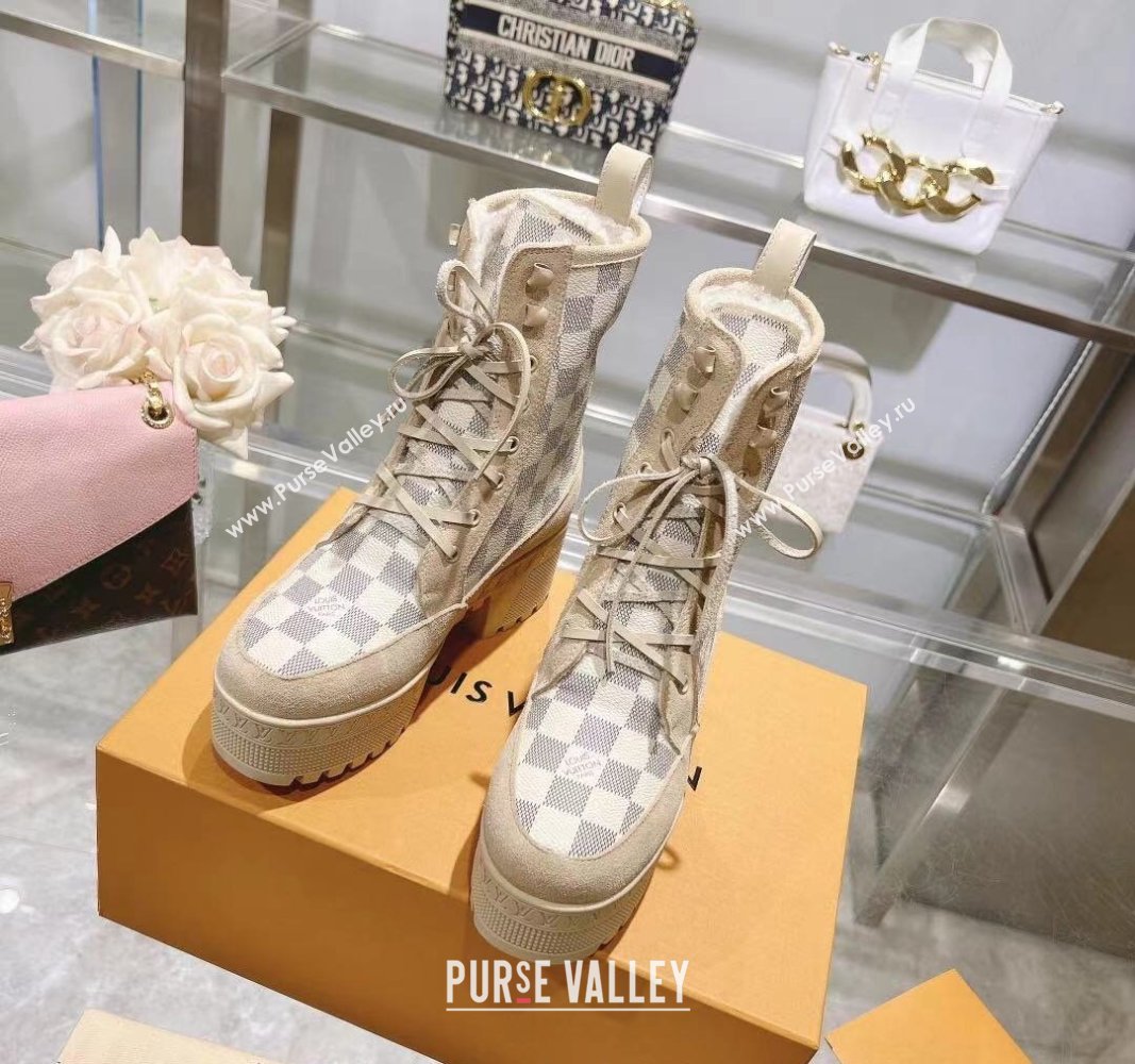 Louis Vuitton Laureate Platform Desert Ankle Boots in Beige Suede and Damier Azur Canvas 2023 1AC7M0 (MD-231218033)