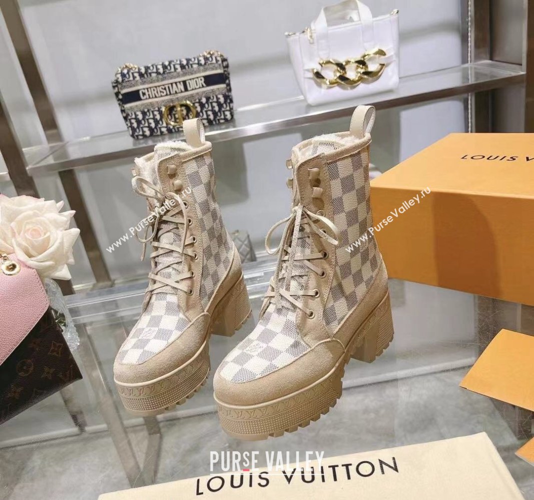 Louis Vuitton Laureate Platform Desert Ankle Boots in Beige Suede and Damier Azur Canvas 2023 1AC7M0 (MD-231218033)