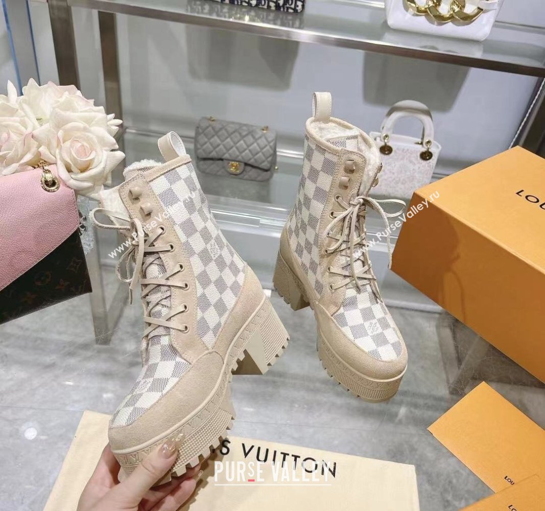 Louis Vuitton Laureate Platform Desert Ankle Boots in Beige Suede and Damier Azur Canvas 2023 1AC7M0 (MD-231218033)