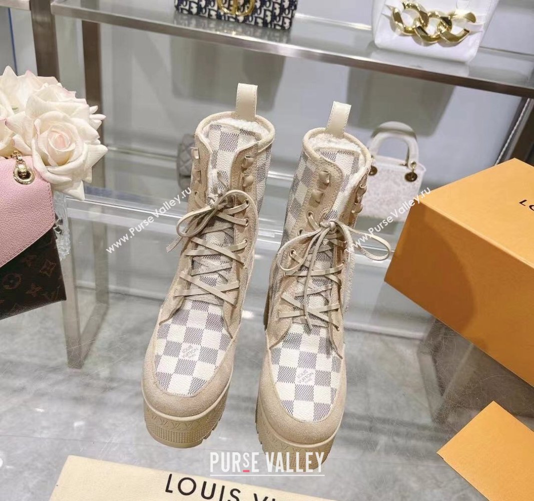 Louis Vuitton Laureate Platform Desert Ankle Boots in Beige Suede and Damier Azur Canvas 2023 1AC7M0 (MD-231218033)