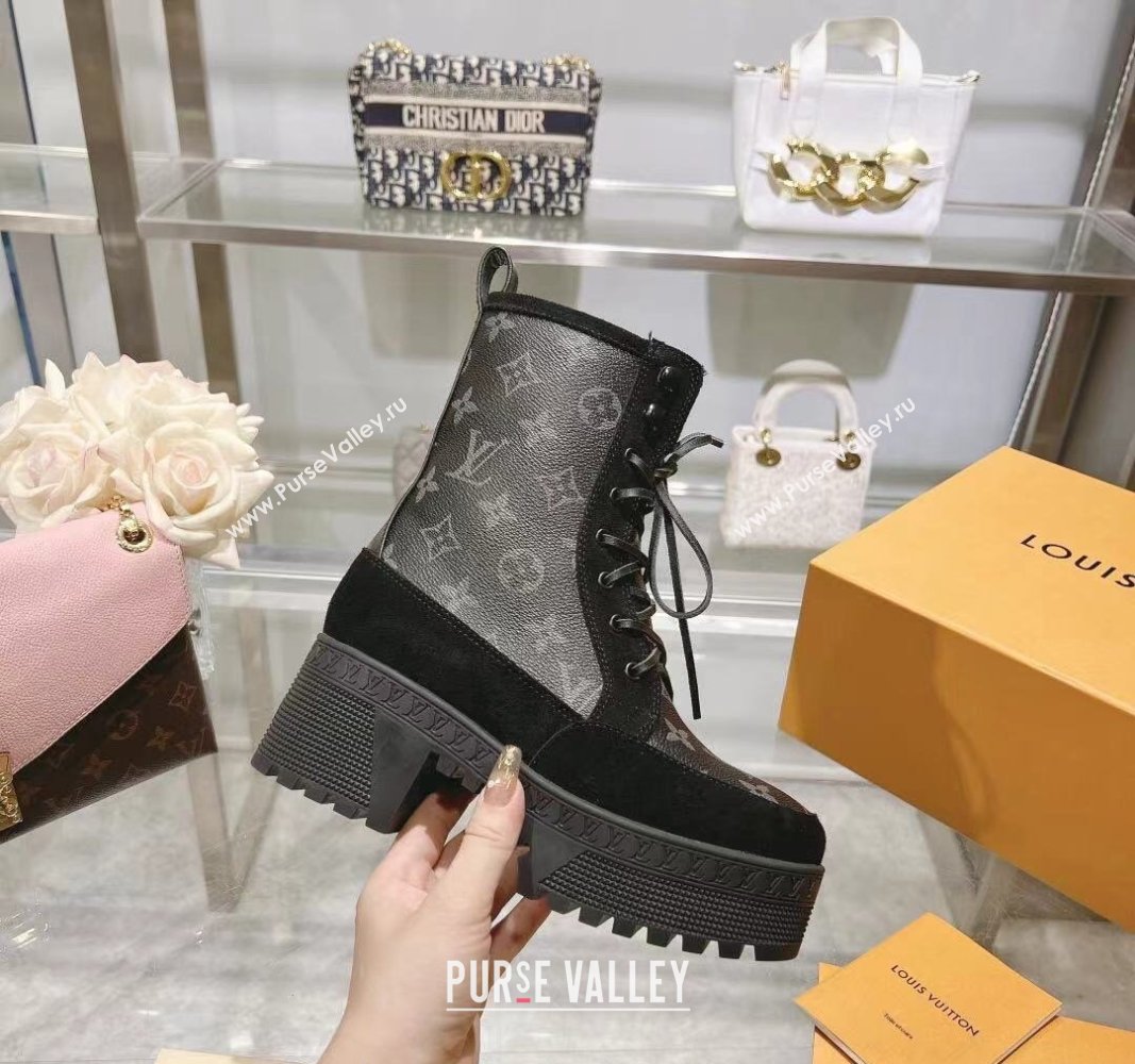 Louis Vuitton Laureate Platform Desert Ankle Boots in Black Suede and Monogram Canvas 2023 1AC7M0 (MD-231218034)