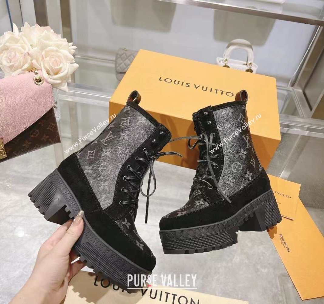 Louis Vuitton Laureate Platform Desert Ankle Boots in Black Suede and Monogram Canvas 2023 1AC7M0 (MD-231218034)