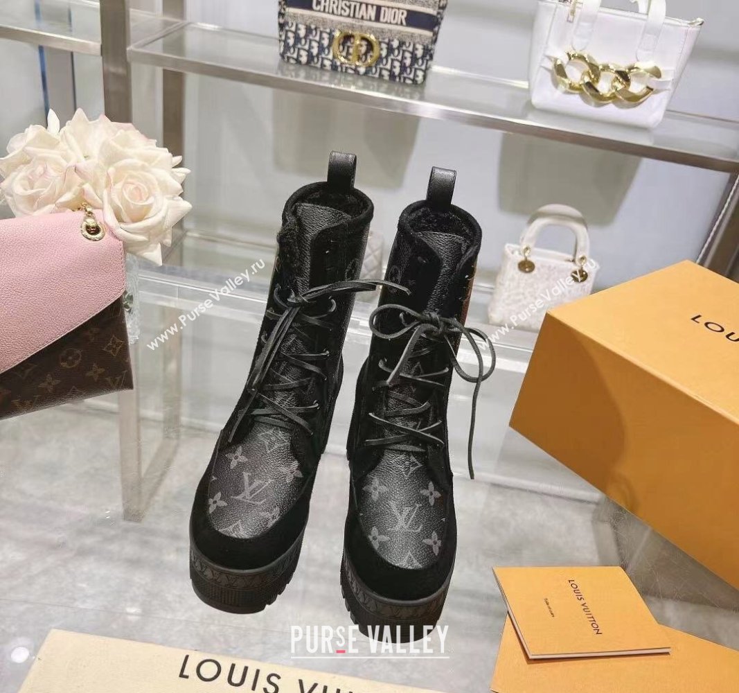 Louis Vuitton Laureate Platform Desert Ankle Boots in Black Suede and Monogram Canvas 2023 1AC7M0 (MD-231218034)