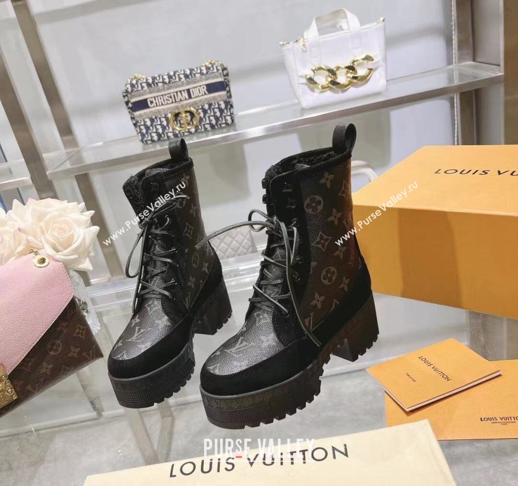 Louis Vuitton Laureate Platform Desert Ankle Boots in Black Suede and Monogram Canvas 2023 1AC7M0 (MD-231218034)