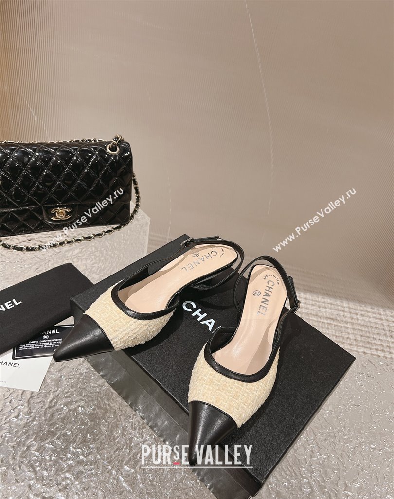 Chanel Tweed Leather Slingback Pumps 5cm Light Yellow 2023 CH121308 (MD-231213035)