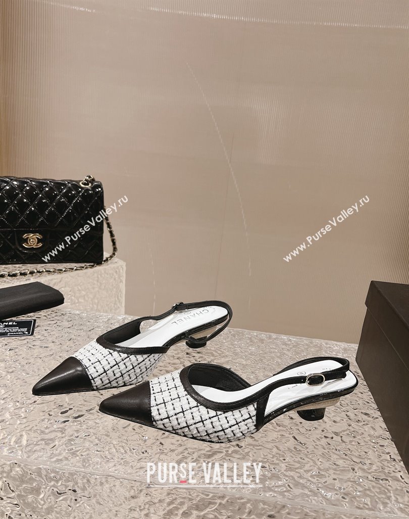 Chanel Tweed Leather Slingback Pumps 5cm White/Black 2023 CH121308 (MD-231213036)