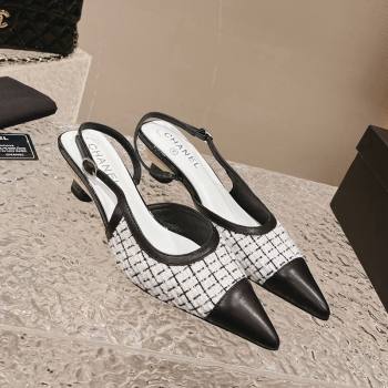 Chanel Tweed Leather Slingback Pumps 5cm White/Black 2023 CH121308 (MD-231213036)