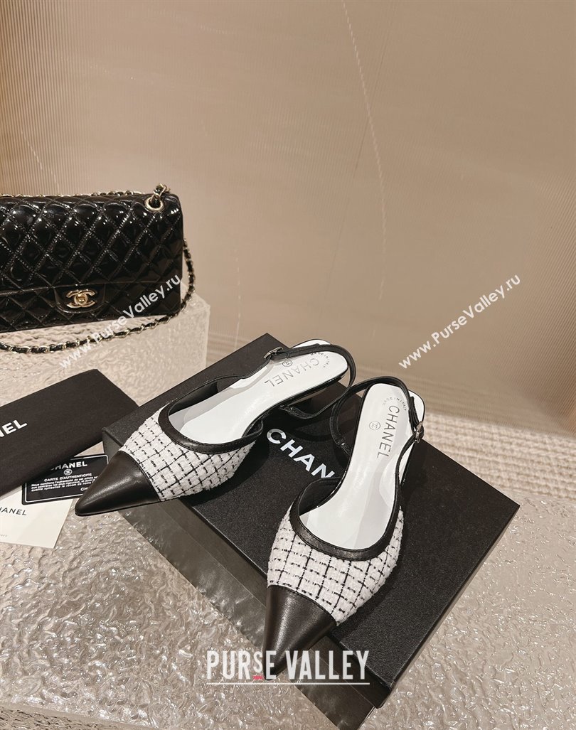 Chanel Tweed Leather Slingback Pumps 5cm White/Black 2023 CH121308 (MD-231213036)