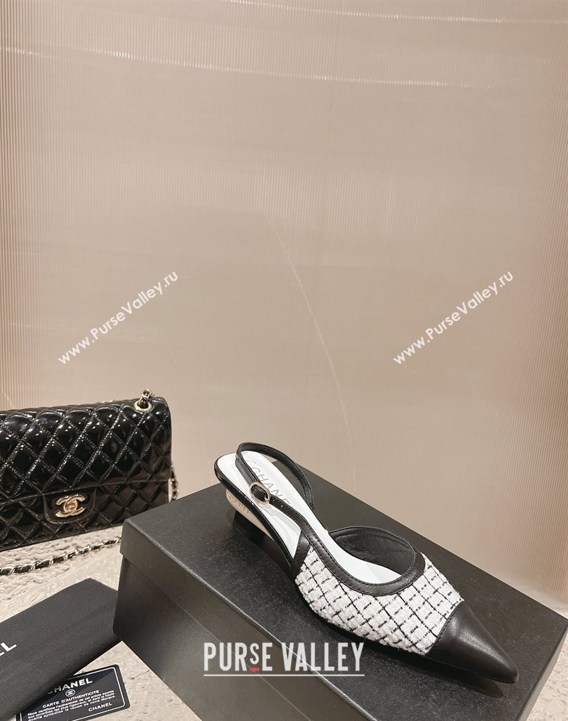 Chanel Tweed Leather Slingback Pumps 5cm White/Black 2023 CH121308 (MD-231213036)