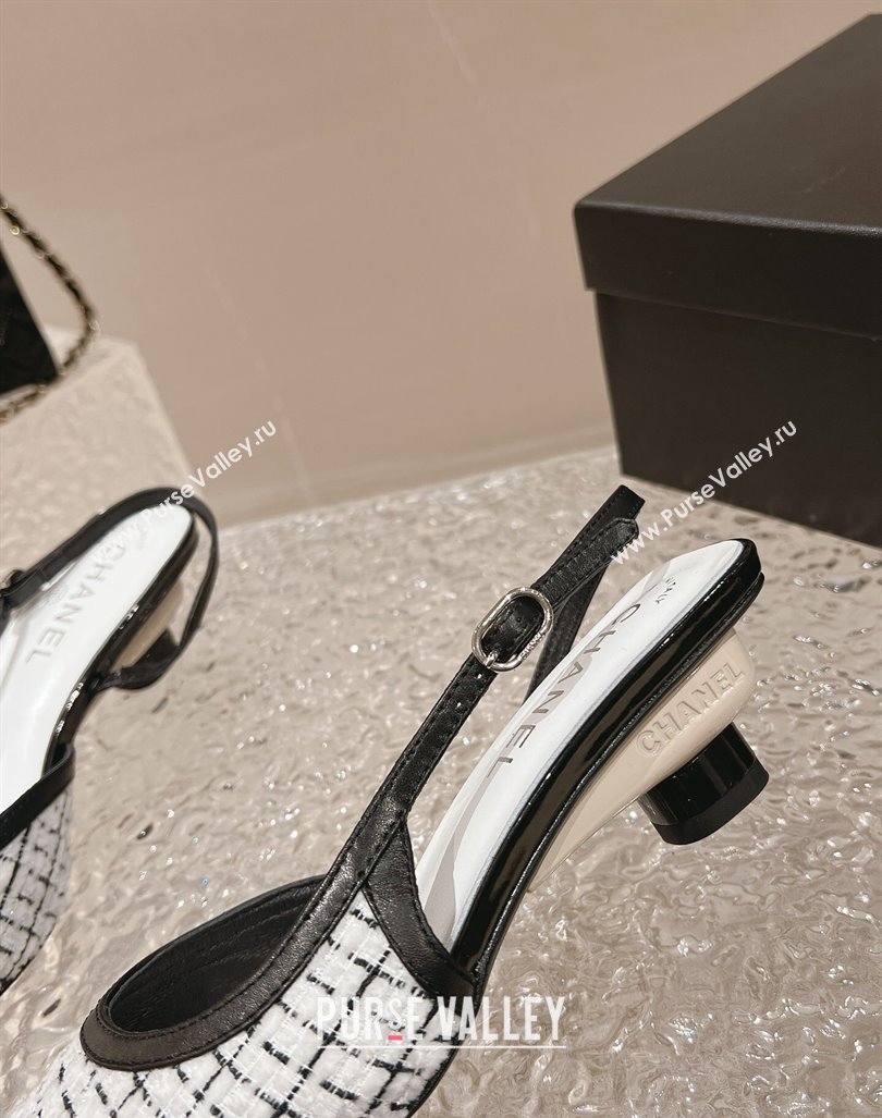 Chanel Tweed Leather Slingback Pumps 5cm White/Black 2023 CH121308 (MD-231213036)