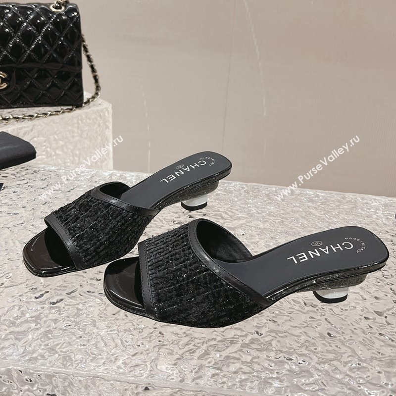 Chanel Tweed Leather Heel Slide Sandals 5cm Black 2 2023 CH121308 (MD-231213043)