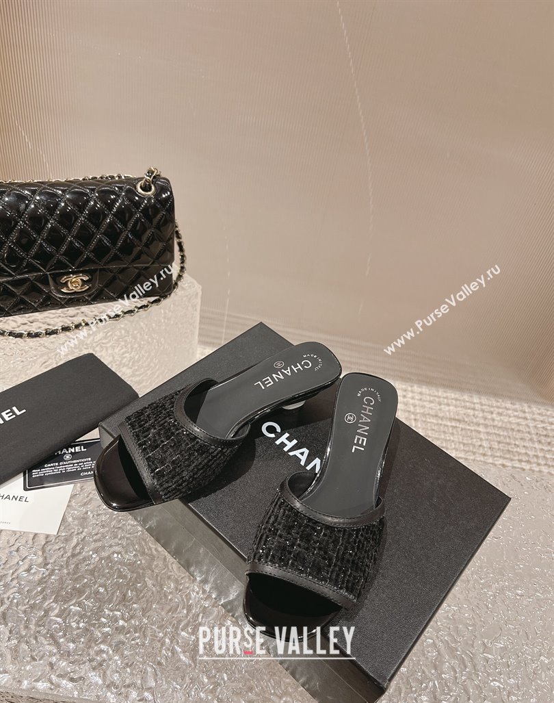 Chanel Tweed Leather Heel Slide Sandals 5cm Black 2 2023 CH121308 (MD-231213043)