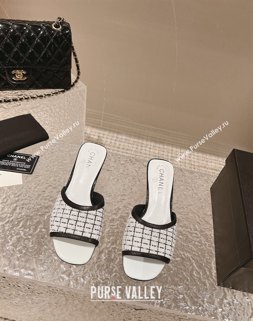 Chanel Tweed Leather Heel Slide Sandals 5cm Black/White 2023 CH121308 (MD-231213044)