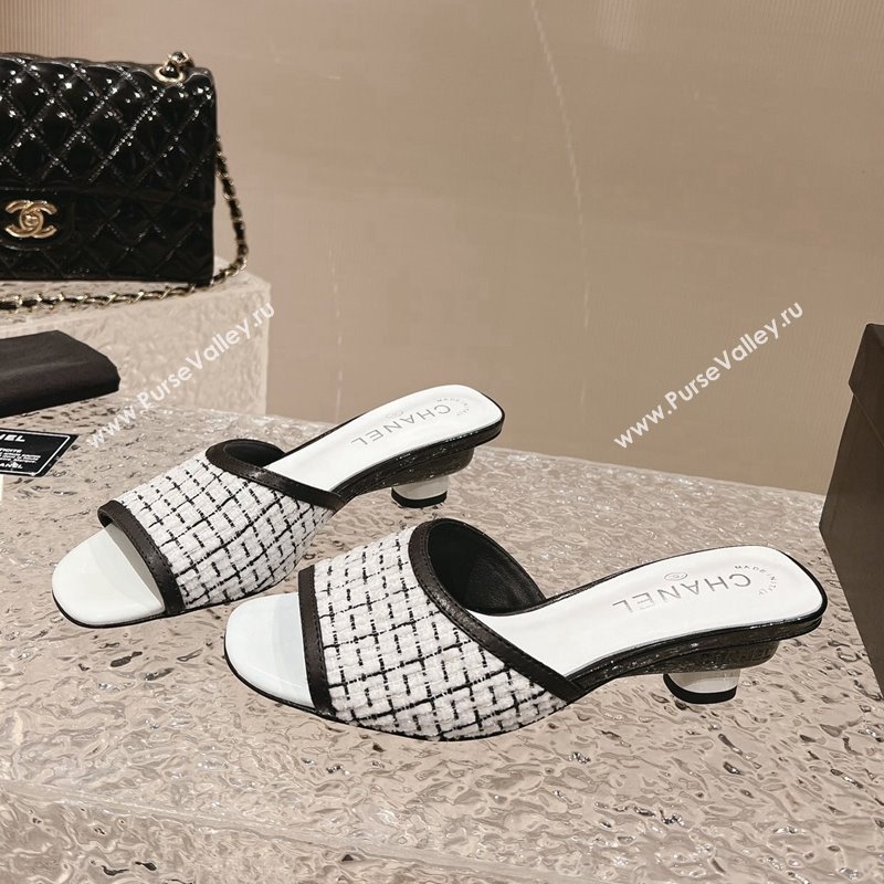 Chanel Tweed Leather Heel Slide Sandals 5cm Black/White 2023 CH121308 (MD-231213044)