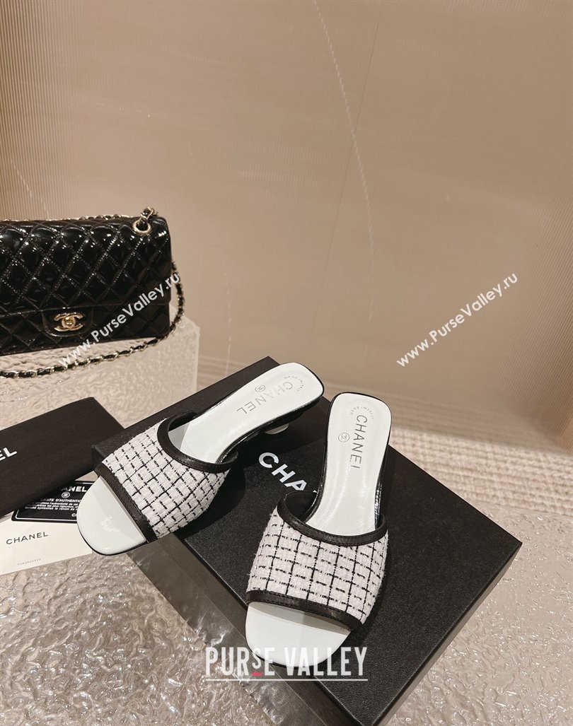 Chanel Tweed Leather Heel Slide Sandals 5cm Black/White 2023 CH121308 (MD-231213044)