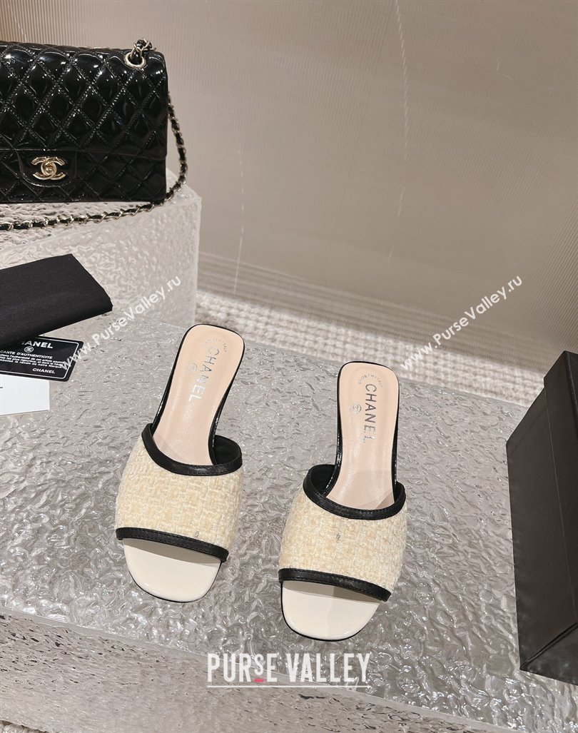 Chanel Tweed Leather Heel Slide Sandals 5cm Light Yellow 2023 CH121308 (MD-231213045)