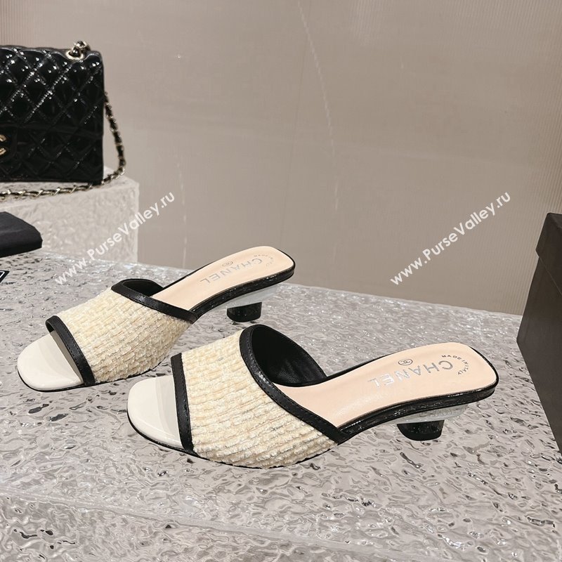 Chanel Tweed Leather Heel Slide Sandals 5cm Light Yellow 2023 CH121308 (MD-231213045)