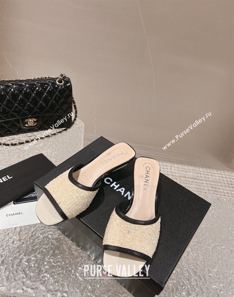 Chanel Tweed Leather Heel Slide Sandals 5cm Light Yellow 2023 CH121308 (MD-231213045)