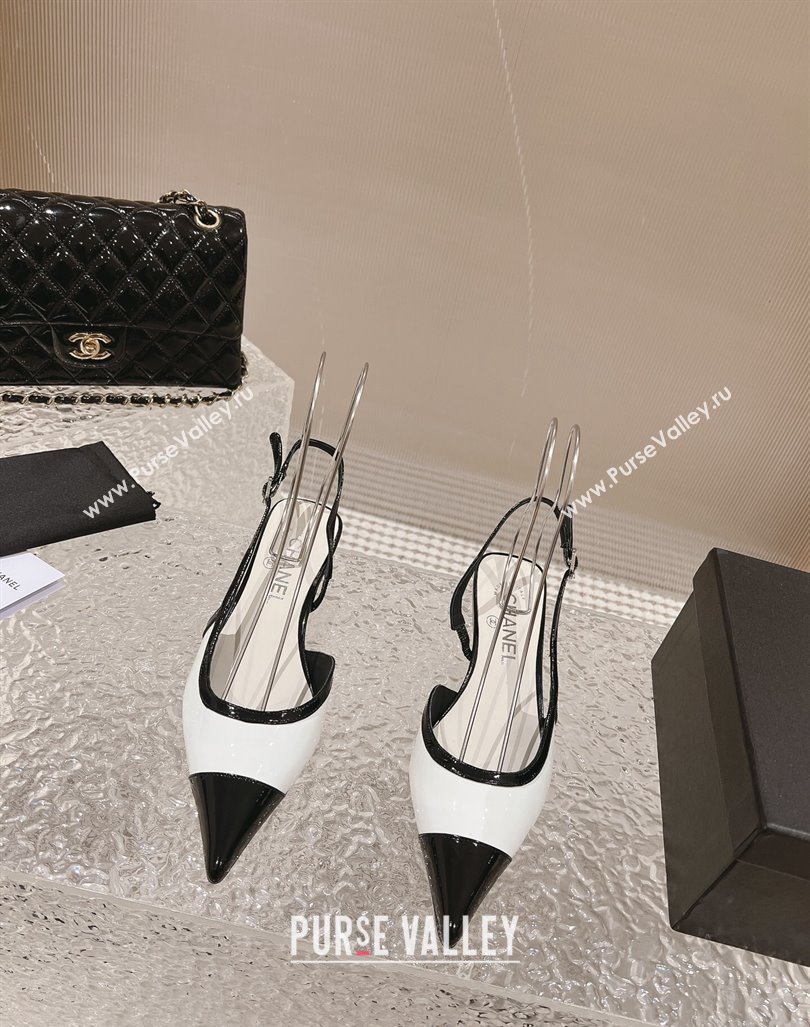 Chanel Patent Calfskin Slingback Pumps 5cm White1/Black 2023 CH121308 (MD-231213039)