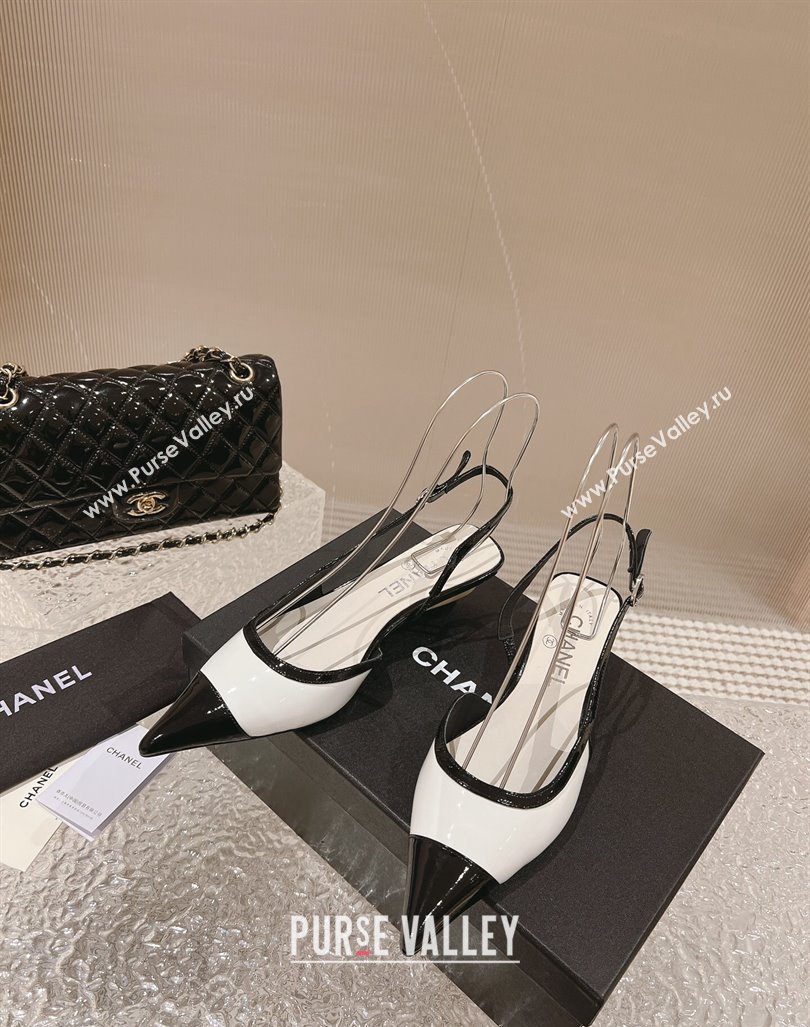 Chanel Patent Calfskin Slingback Pumps 5cm White1/Black 2023 CH121308 (MD-231213039)