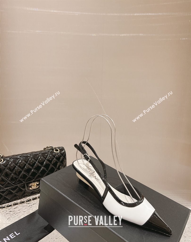 Chanel Patent Calfskin Slingback Pumps 5cm White1/Black 2023 CH121308 (MD-231213039)