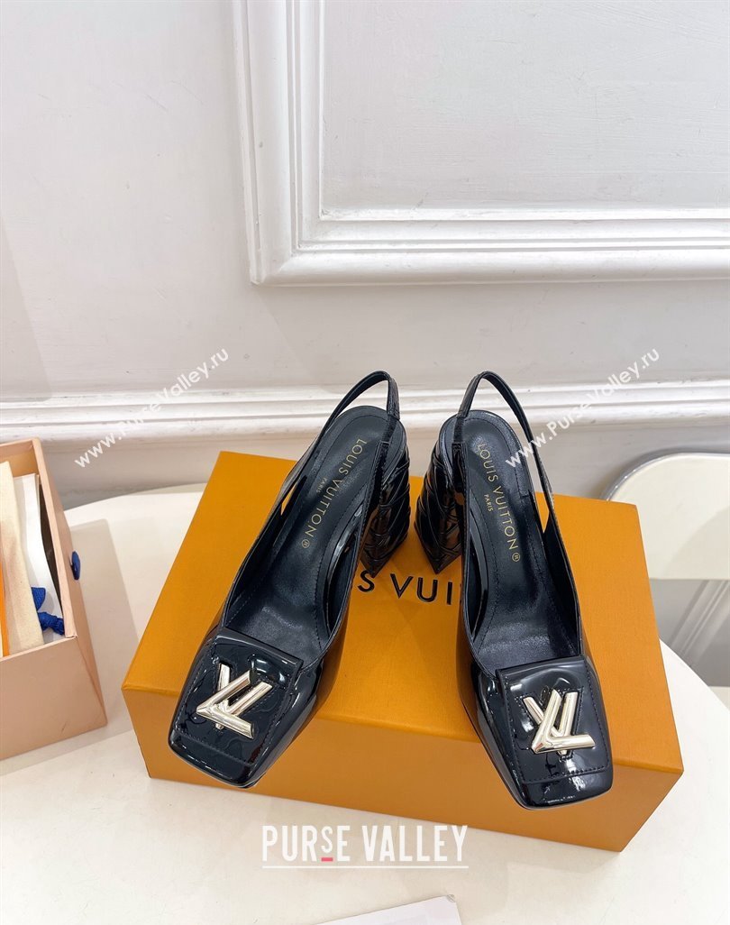 Louis Vuitton Shake Slingback Pump 9cm in Patent Leather with Quilted Block Heel Black 2023 1ACLJS (MD-231218059)