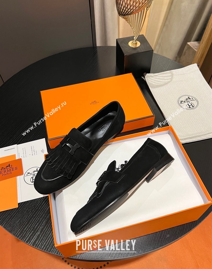 Hermes Royal Loafers in Suede with Fringe Black 2023 1215 (MD-231215033)