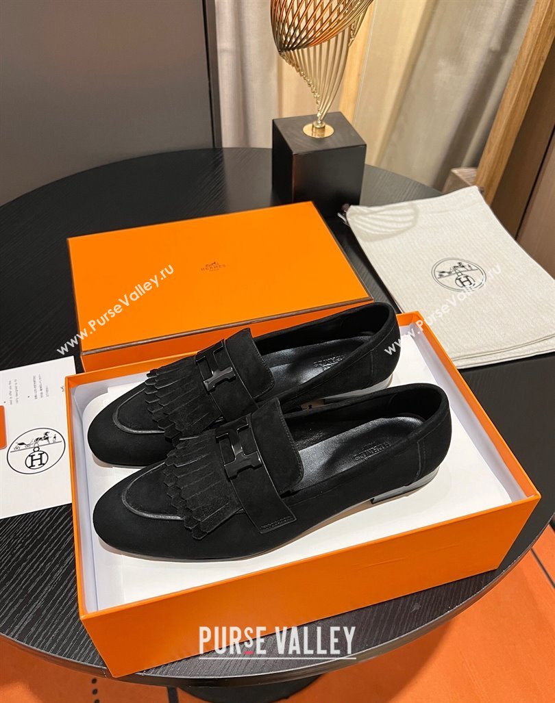 Hermes Royal Loafers in Suede with Fringe Black 2023 1215 (MD-231215033)