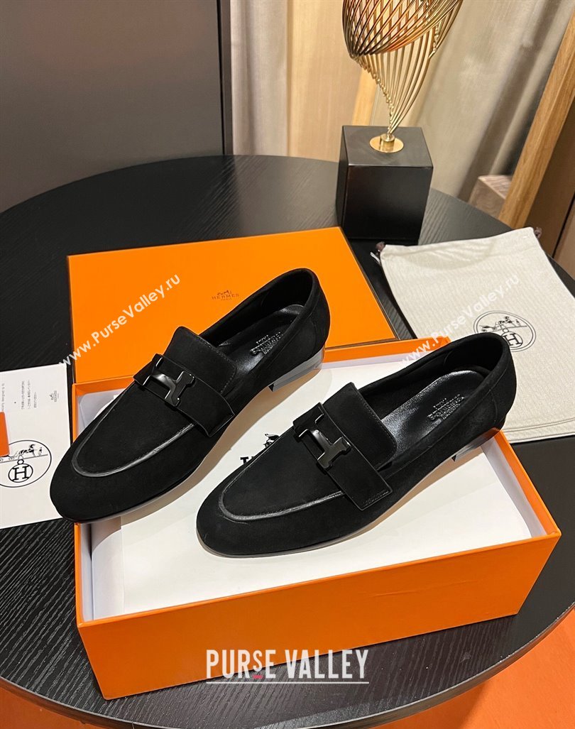 Hermes Paris Loafers in Suede Black 2023 1215 (MD-231215035)