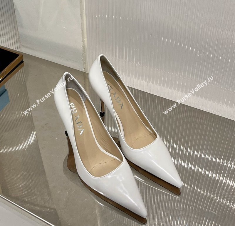 Prada Brushed Leather High Heel Pumps 8.5cm with Back Logo White 2023 PR121401 (MD-231214015)