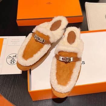 Hermes Oz Flat Mules in Suede and Shearling with Kelly Buckle Yellow 2023 H09011 (MD-231215046)