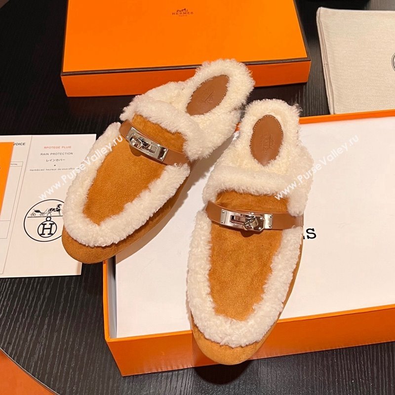 Hermes Oz Flat Mules in Suede and Shearling with Kelly Buckle Yellow 2023 H09011 (MD-231215046)