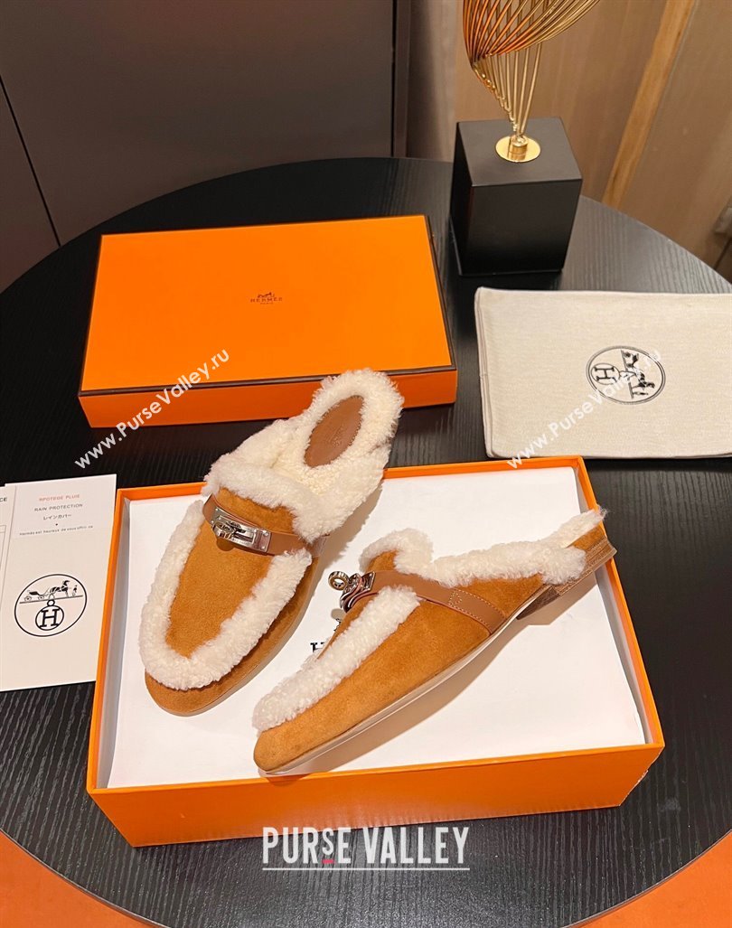 Hermes Oz Flat Mules in Suede and Shearling with Kelly Buckle Yellow 2023 H09011 (MD-231215046)