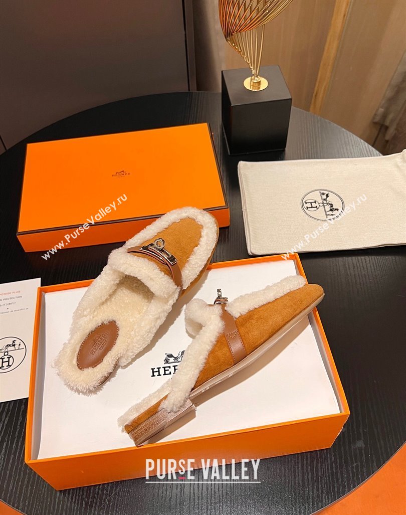 Hermes Oz Flat Mules in Suede and Shearling with Kelly Buckle Yellow 2023 H09011 (MD-231215046)