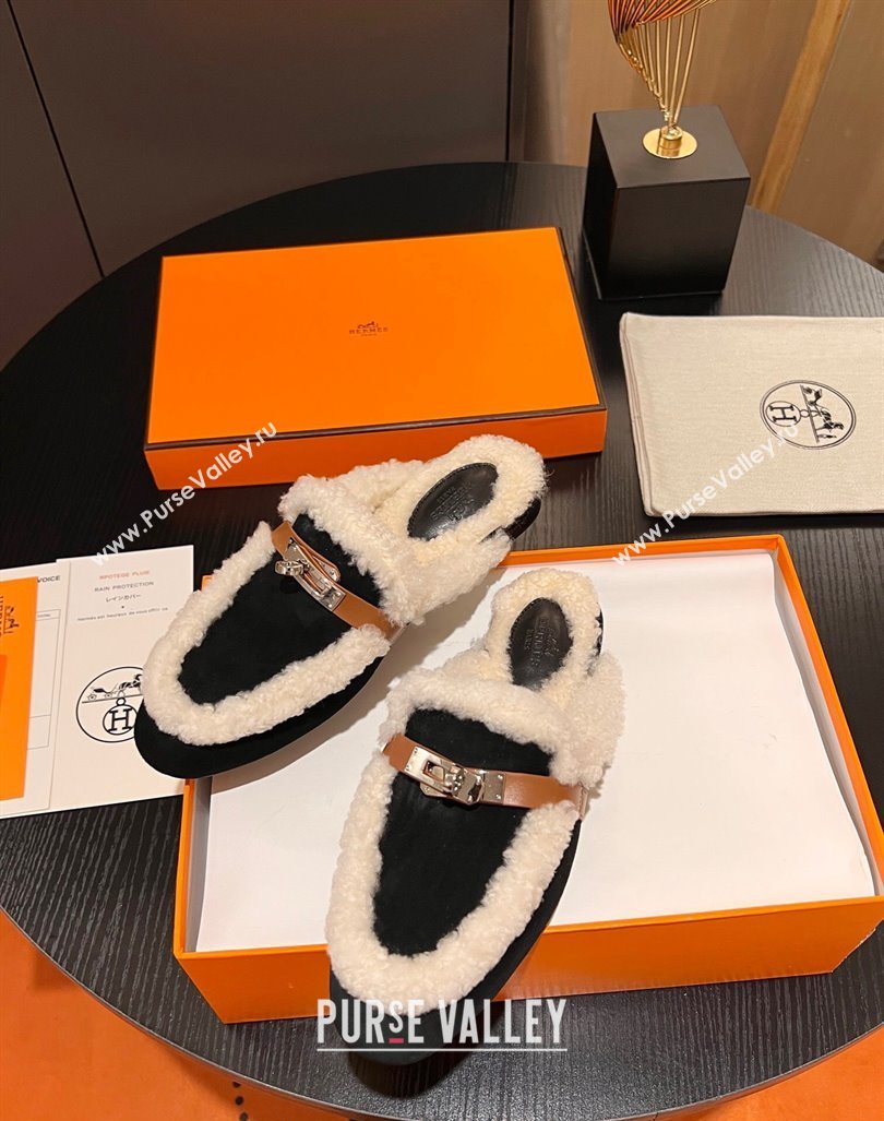 Hermes Oz Flat Mules in Suede and Shearling with Kelly Buckle Black 2023 H09011 (MD-231215047)