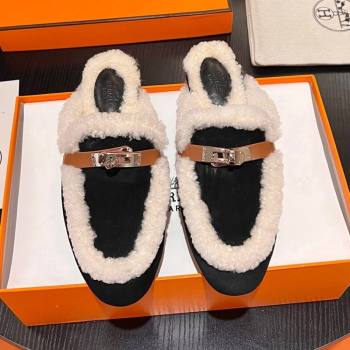 Hermes Oz Flat Mules in Suede and Shearling with Kelly Buckle Black 2023 H09011 (MD-231215047)