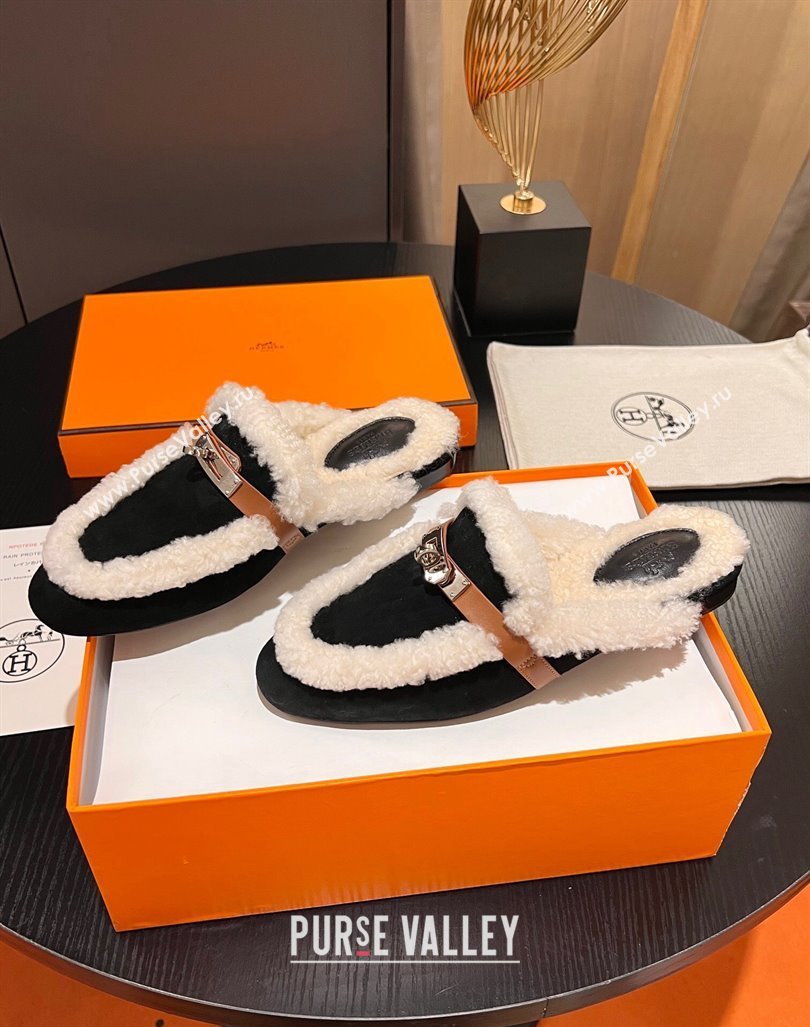 Hermes Oz Flat Mules in Suede and Shearling with Kelly Buckle Black 2023 H09011 (MD-231215047)