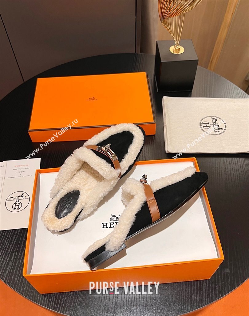 Hermes Oz Flat Mules in Suede and Shearling with Kelly Buckle Black 2023 H09011 (MD-231215047)