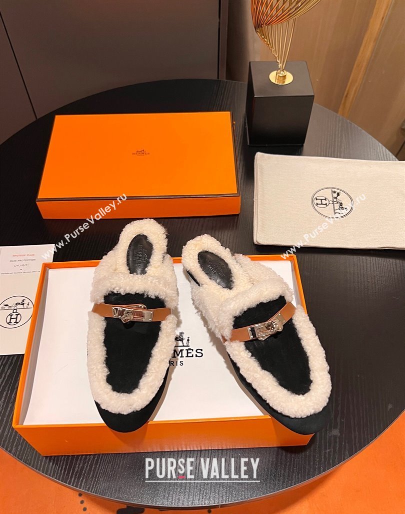 Hermes Oz Flat Mules in Suede and Shearling with Kelly Buckle Black 2023 H09011 (MD-231215047)