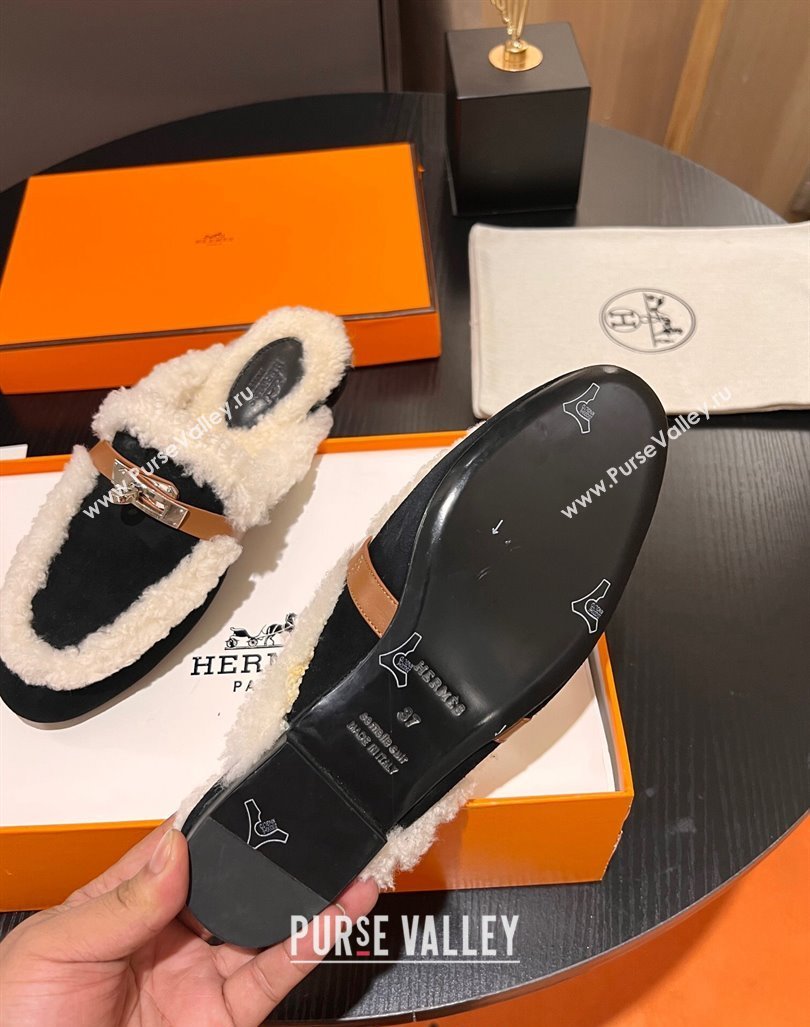 Hermes Oz Flat Mules in Suede and Shearling with Kelly Buckle Black 2023 H09011 (MD-231215047)