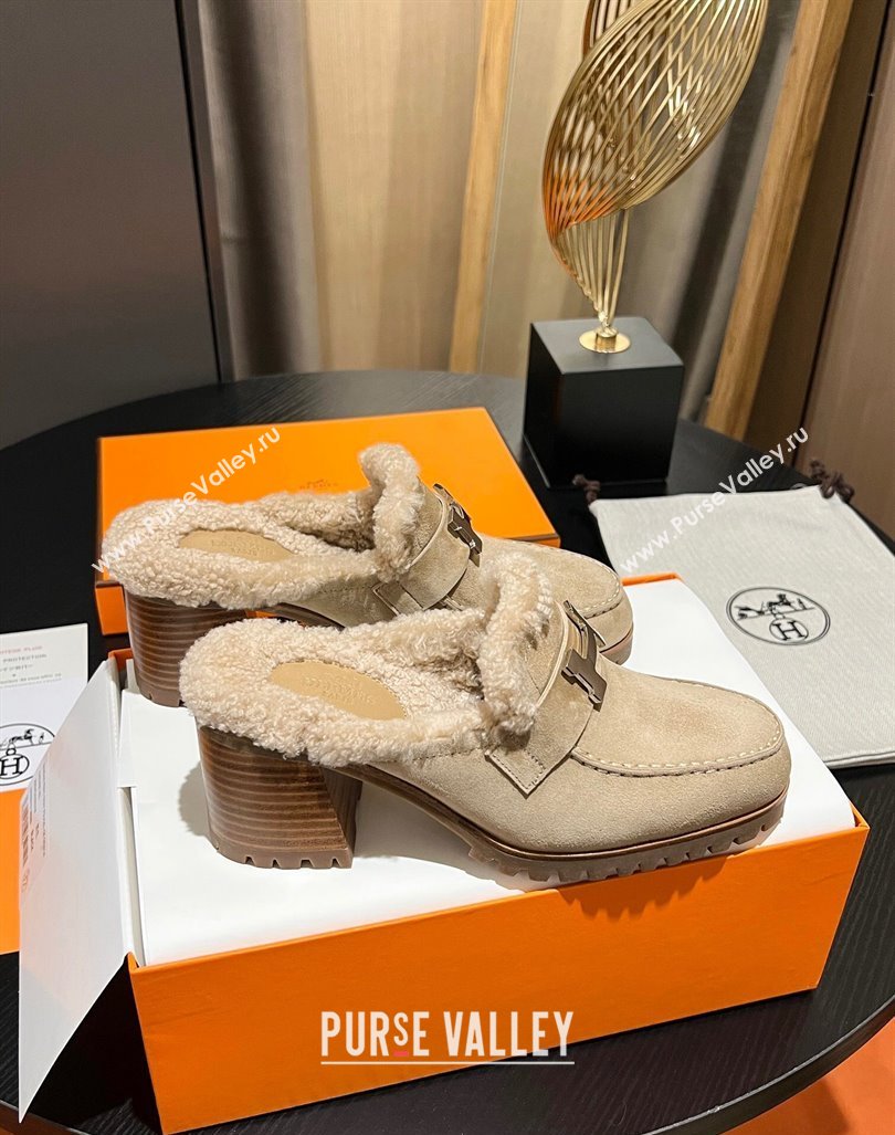 Hermes Flore Heel Mules 7.5cm in Suede and Shearling Beige 2023 (MD-231215048)